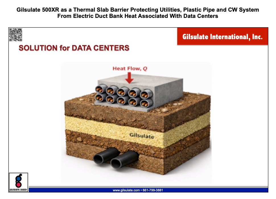 Diagram of Gilsulate 500XR thermal slab barrier protecting utilities, plastic pipe, and chilled water system from electric duct bank heat at data centers